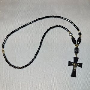 Real Hematite Beaded Crucifix Cross Necklace with Barrel Clasp